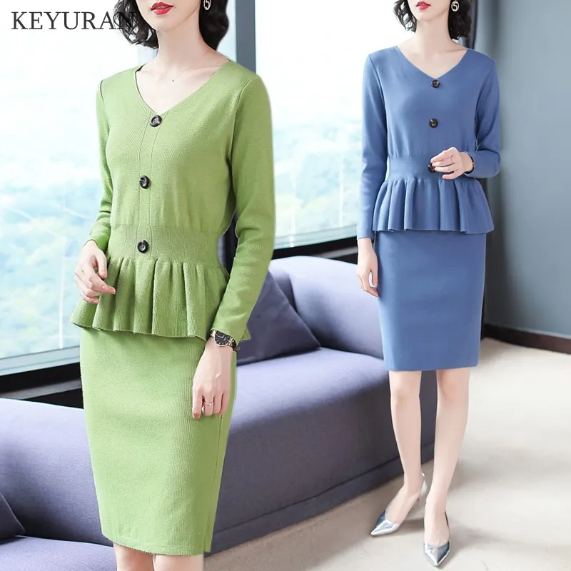 Женский вязаный пуловер с длинным рукавом и оборками свитер Топы + юбка карандаш