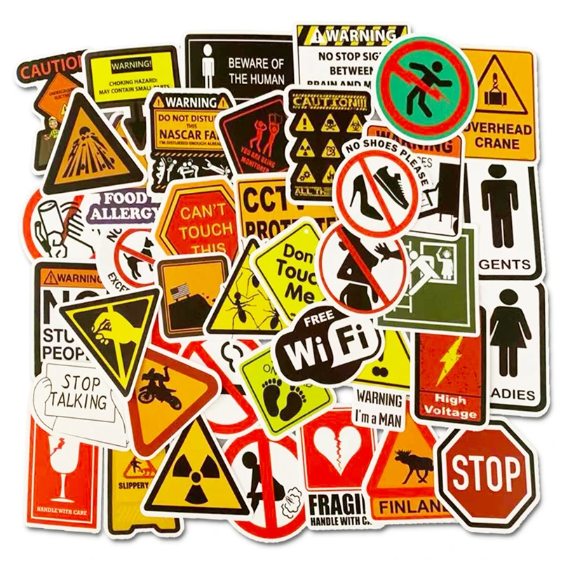 

10/30/50Pcs - Warning Signs Waterproof Stickers Guitar Suitcase Skateboard DIY Danger Banning Reminder Children Graffiti Sticker