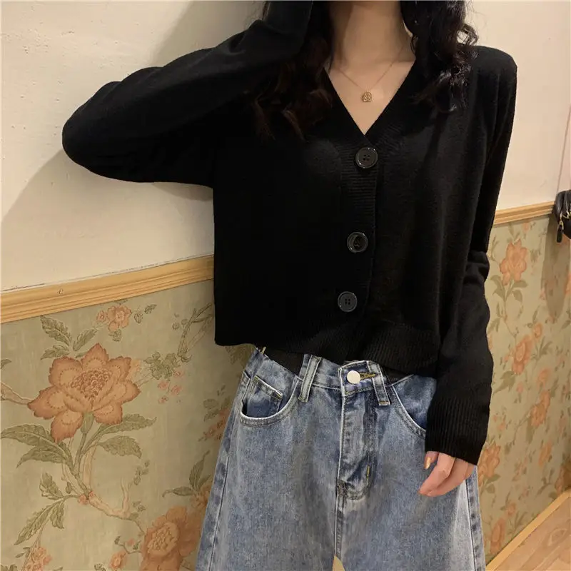 

Spring V-neck Black Sweater Short Top Thin Long Sleeve Cardigan Jacket