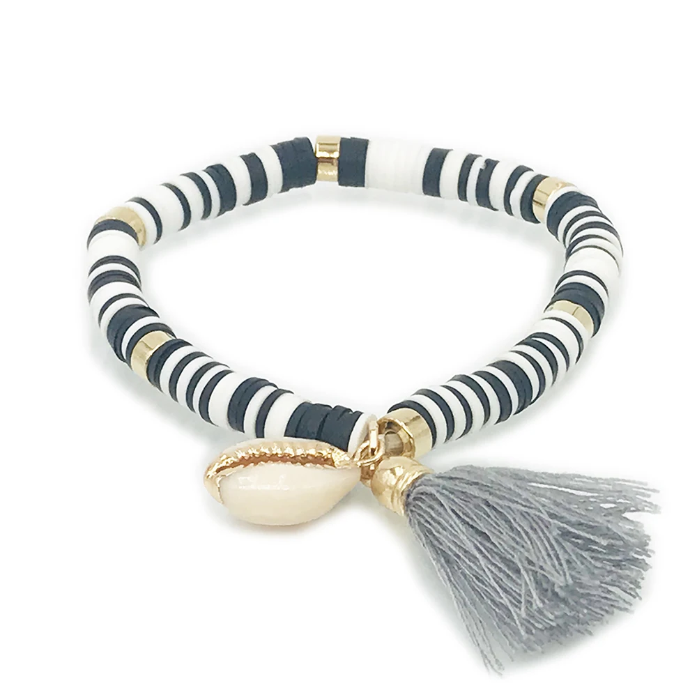 Boho Heishi бисер раковина кисточки стрейч браслет для женщин и мужчин полимерная