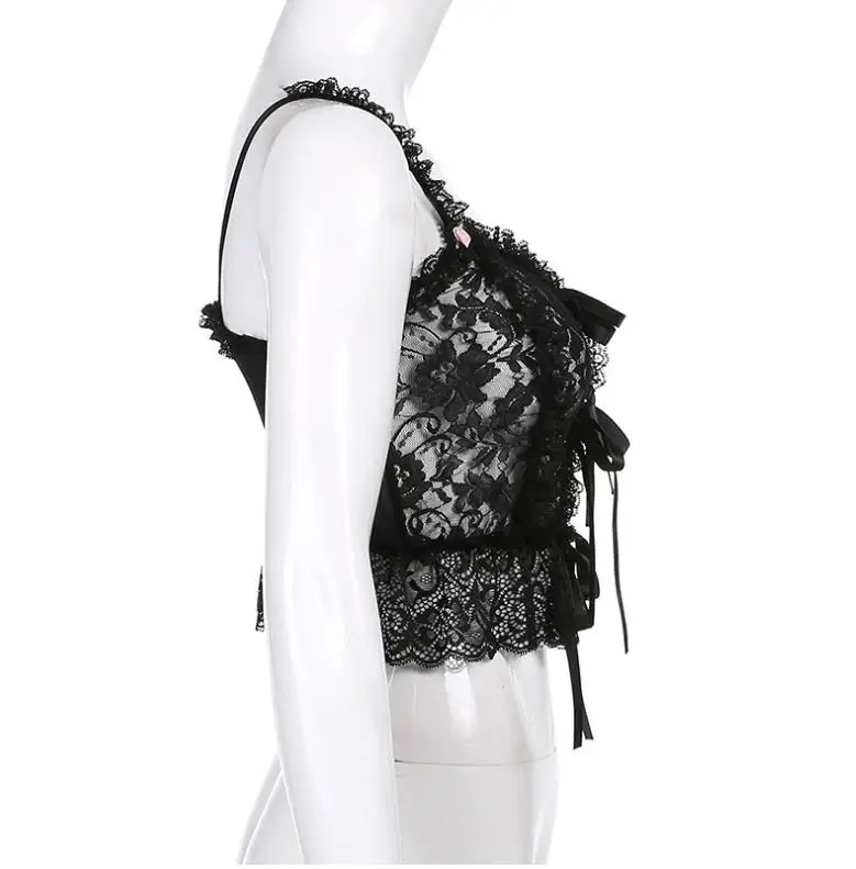

Female Vest, Women\u2019 s Lace Floral V-Neck Sleeveless Crop Top Backless Camisole for Summer, Black, S/M/L