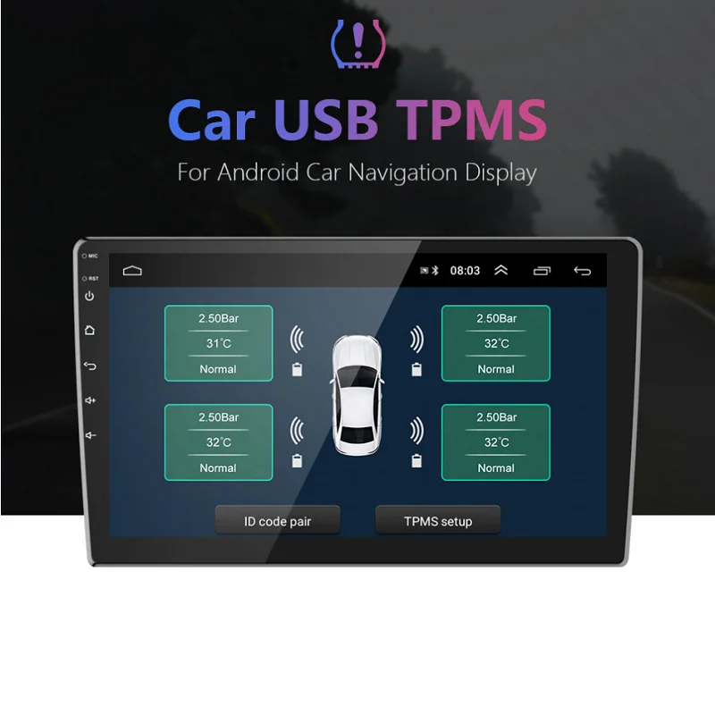USB Android TPMS Система контроля давления в шинах Беспроводная передача 8 бар 116 фунтов