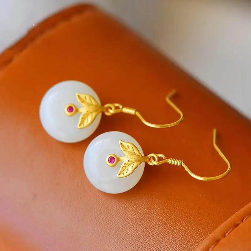 

New Leaf Natural Hetian Jade Safety Buckle Earrings Sterling Silver Gilding Earrings Color Retaining Craft Dignified Goddess Ear