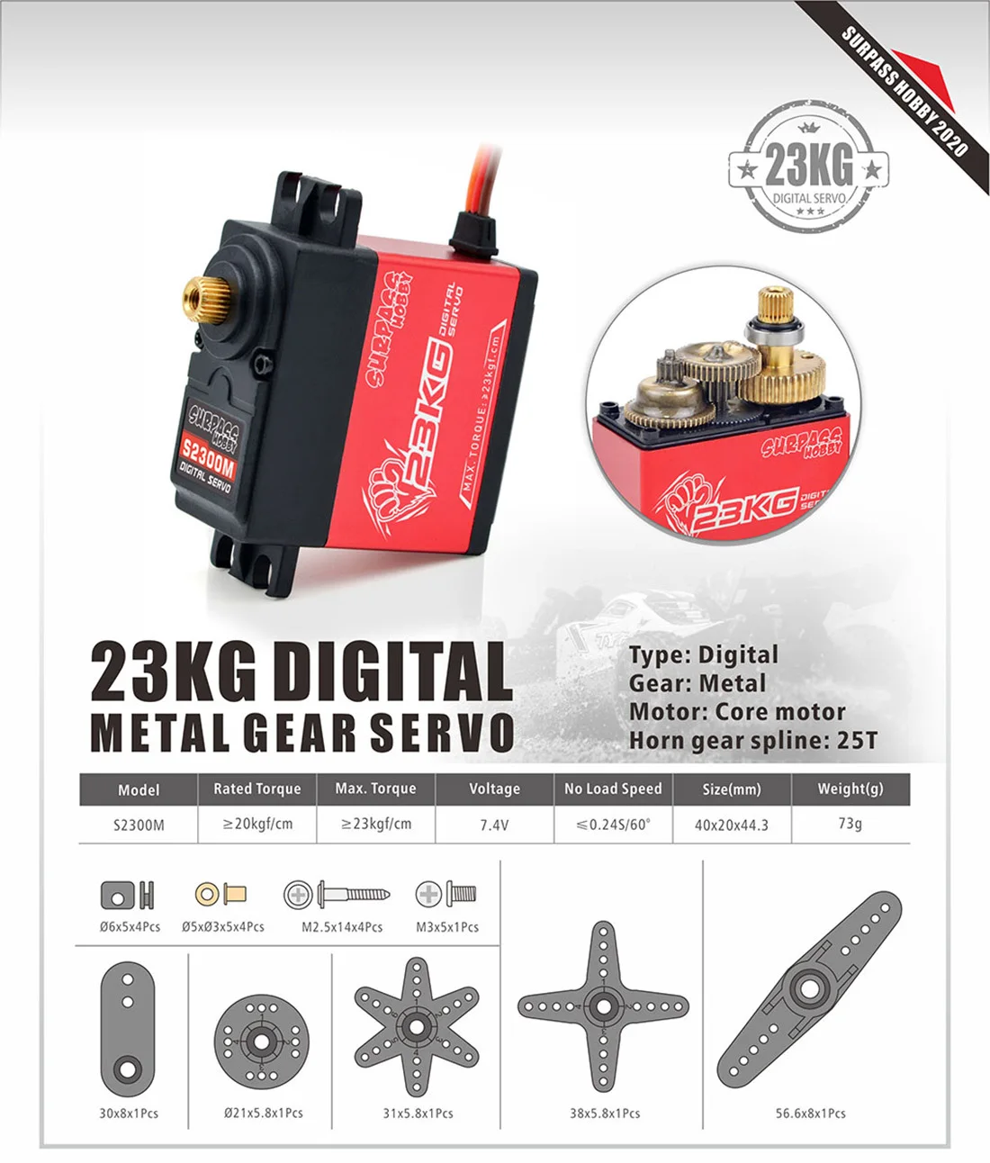 

Surpass Hobby S2300M DC Motor 23KG Full Metal Gear Digital Servo for 1/8 1/10 1/12 RC Car Buggy Boat