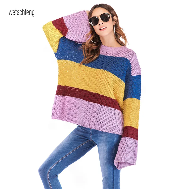 Полный 2019 женский свитер Топ вязаный с круглым вырезом рожок длинный рукав три