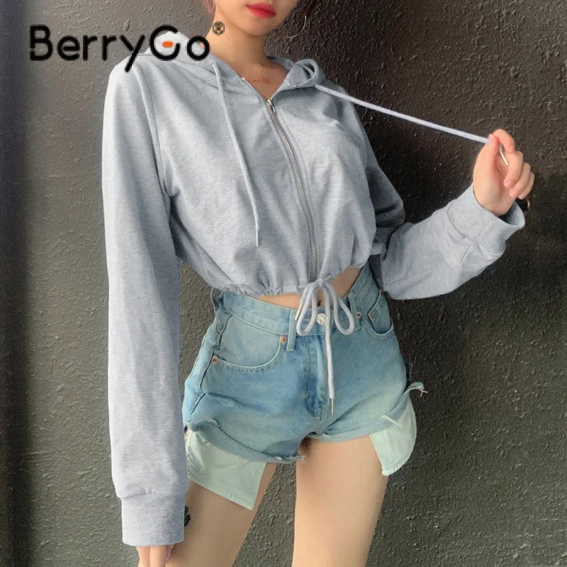 

BerryGo autumn winner outdoor casual drawstring women hoodies cotton sport solid color long sleeve female short sweatshirts 2021