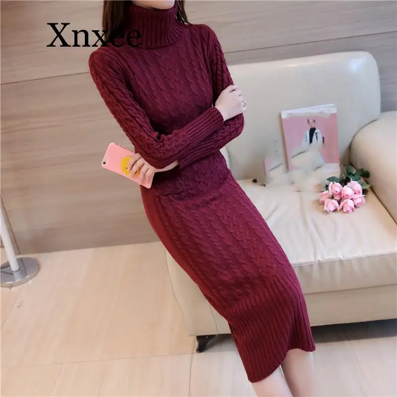 Женские зимние вязаные платья до середины икры европейская Водолазка с длинным