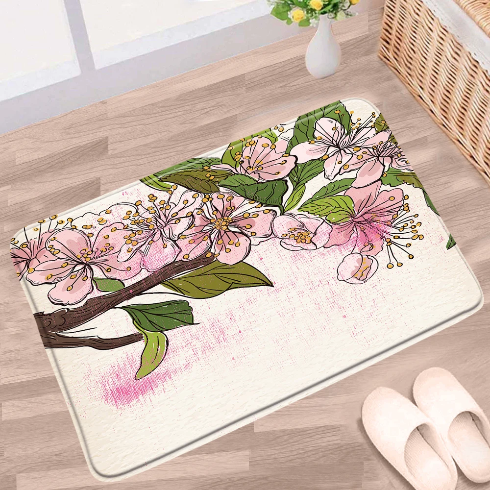 

Нескользящий фланелевый коврик для ванной и кухни, нескользящий, с розовыми цветами, цветами вишни, Персиком, растениями, зелеными листьями,...