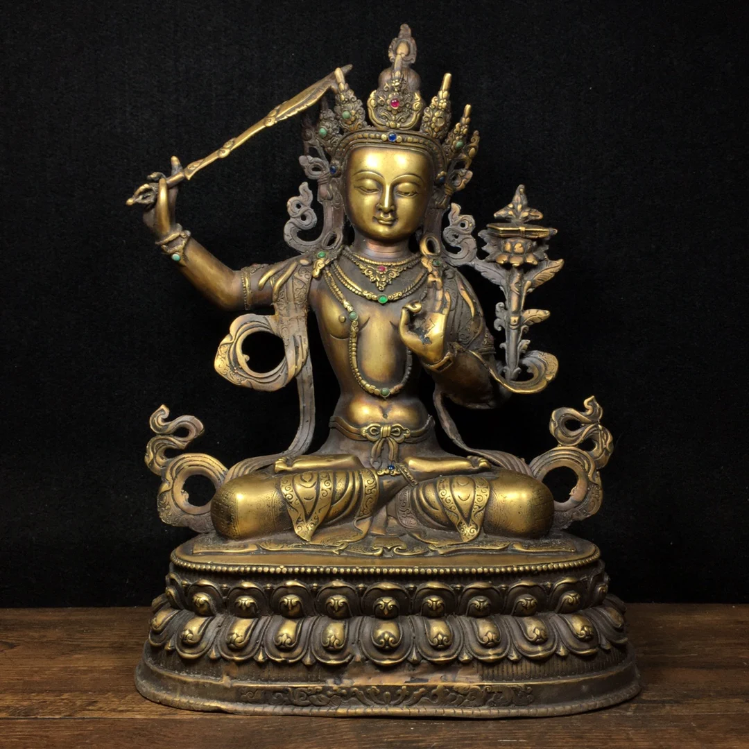 

13" Chinese Folk Collection Old Bronze mosaic Gem Manjushri lotus platform Sitting Buddha ornament Town house Exorcism