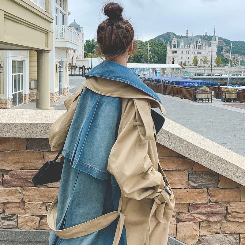 [EWQ] 2020 осенний Новый Тренч женский модный джинсовый пэчворк хаки Пальто Куртка