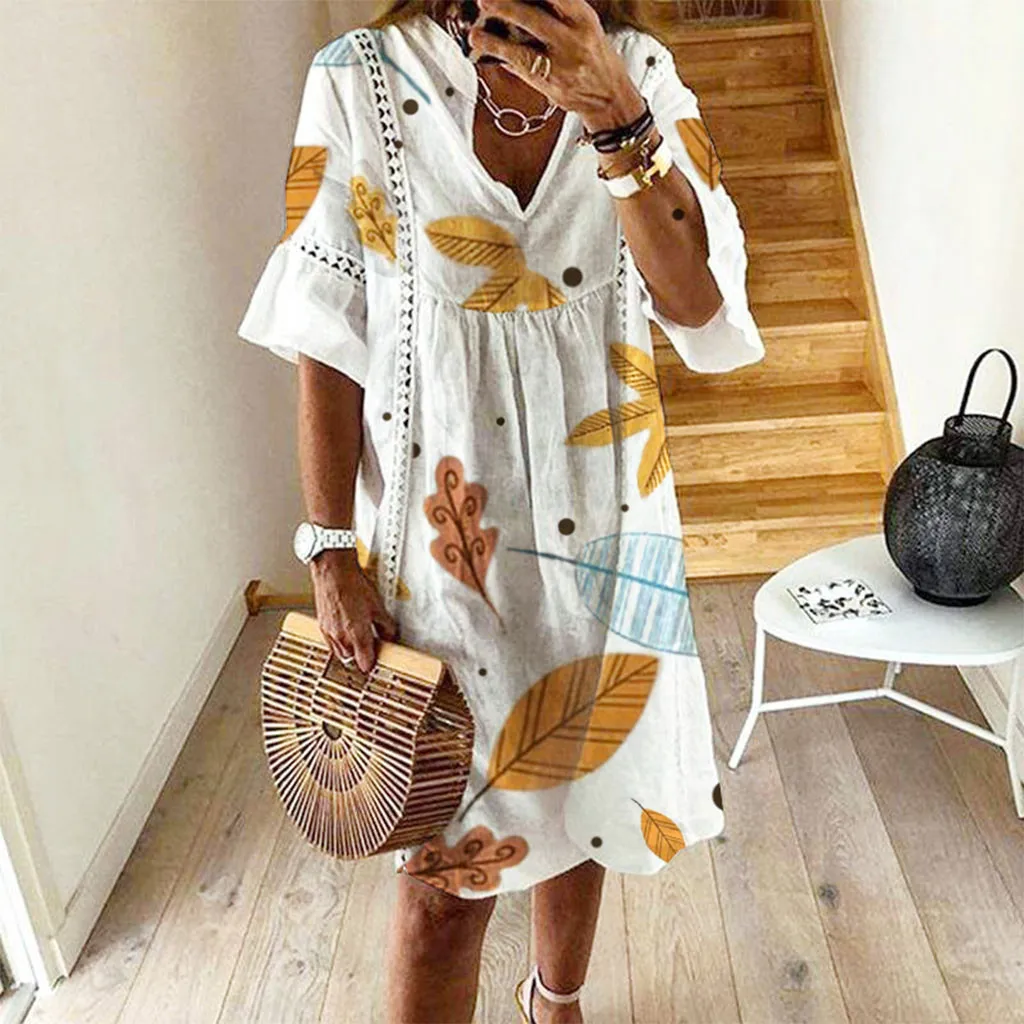 

Women's summer dress sexy leaf print V-neck casual dress large size boho style dress women's summer loose party dress