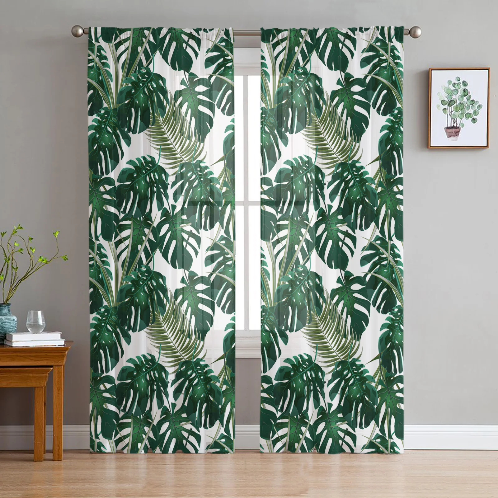 

Nordic Tropical Green Plant Monstera Leaves Tulle Window Treatment Sheer Curtains for Living Room the Bedroom Decoration