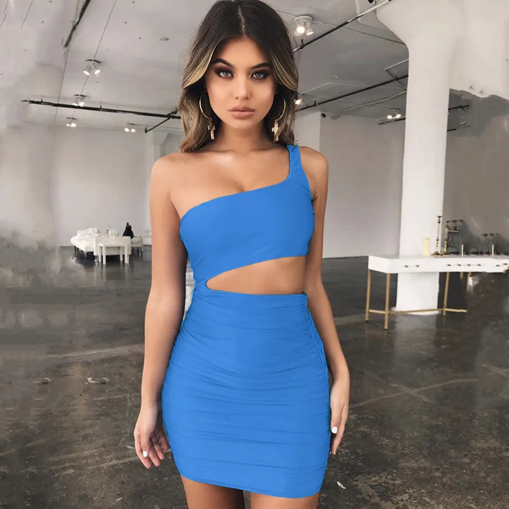 

2021 Summer New One-shoulder Hollow Bag Hip Dress Sexy Nightclub Solid Color Slim Mini Dress Female Sleeveless Bodycon Dresses