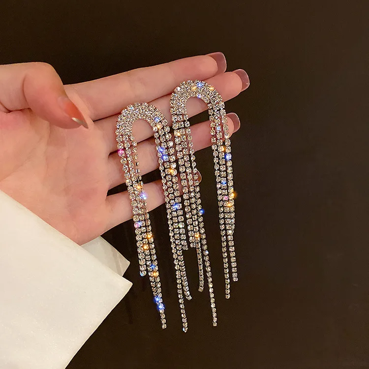 

925 Silver Needle Exaggerated Full Diamond Tassel Female Long Korean Dongdamen Net Red Temperament Earrings
