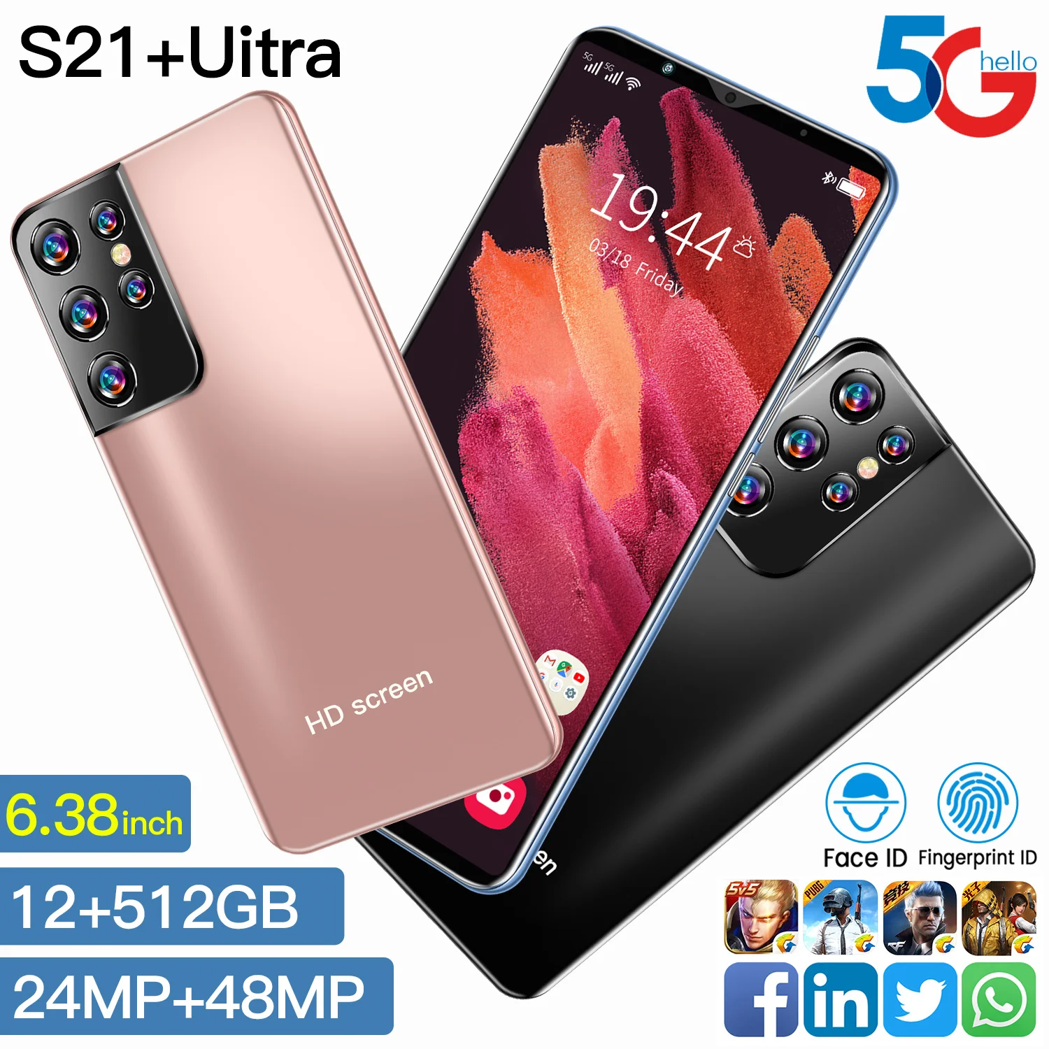 2021 Global Galxy S21 Uitra 8GB RAM+128GB ROM Dual SIM 5000mAh Mobile Phone 6.38 Inch 1080X2320 24+48MP Android 10.0 Smart Phone