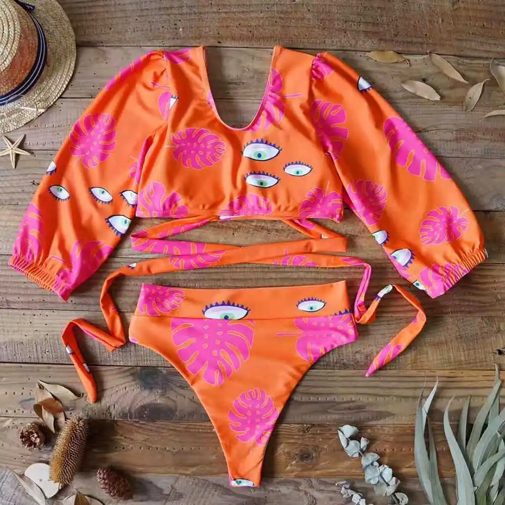 

2021 New Sexy Short Sleeve Bikinis Women Swimsuit Leaves And Eyes Swimwear High Waist Bathing Suit Beachwear Biquini female