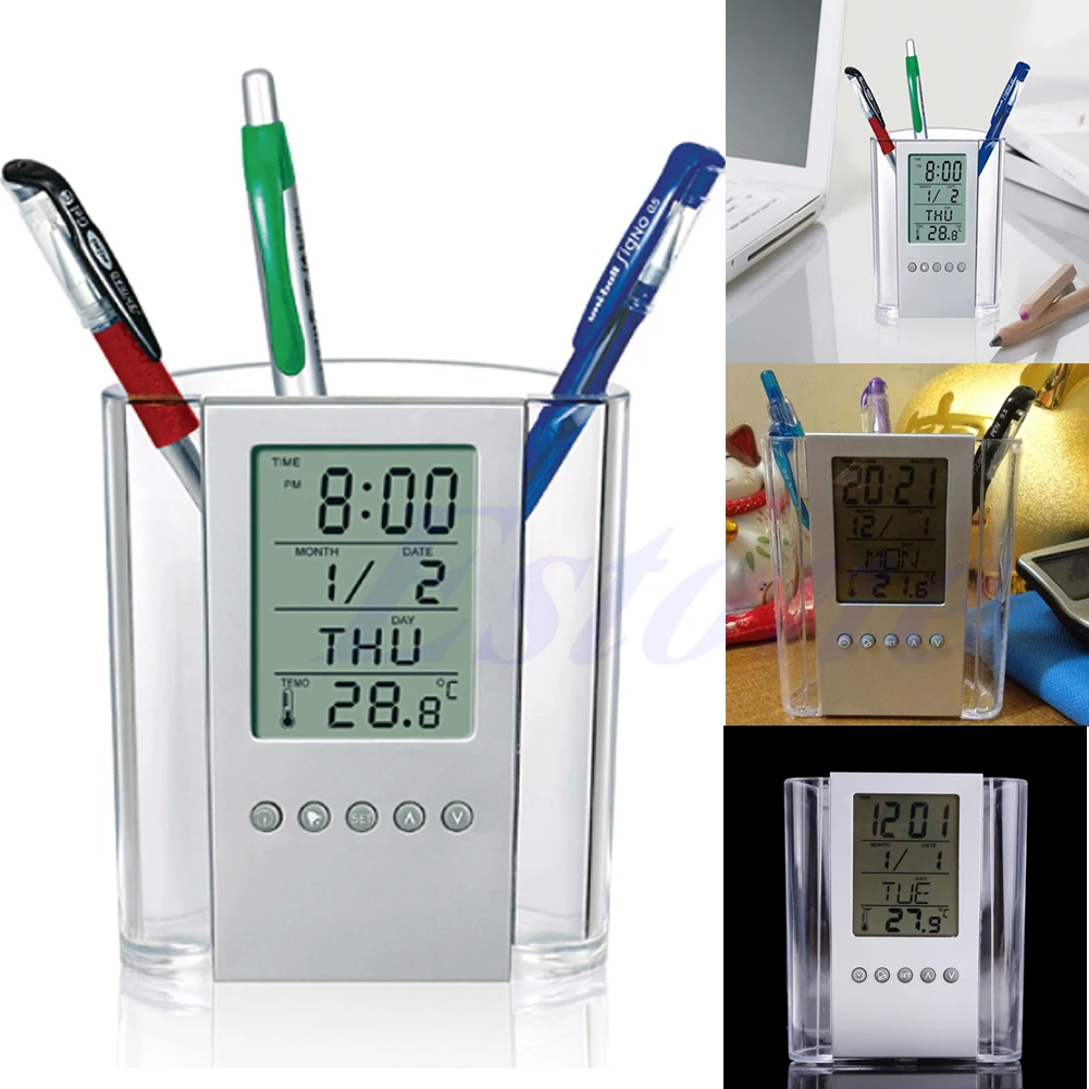 

LCD Digital Alarm Clock Desk Pencil Pen Holder Organizer Thermometer Calendar G92E