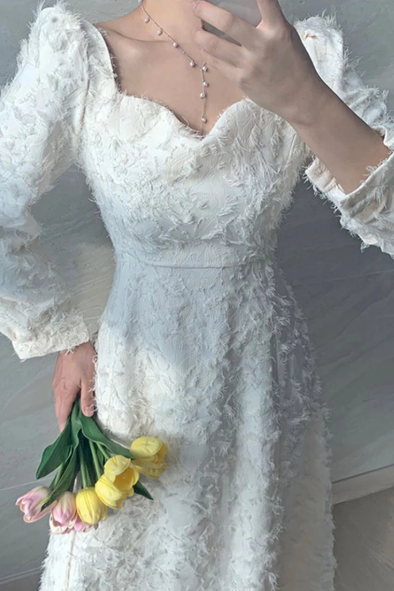 

ZCSMLL Korean Chic French Elegant Pure Color Square Collar Tassel Design Waist Slimming Long Sleeve Dress