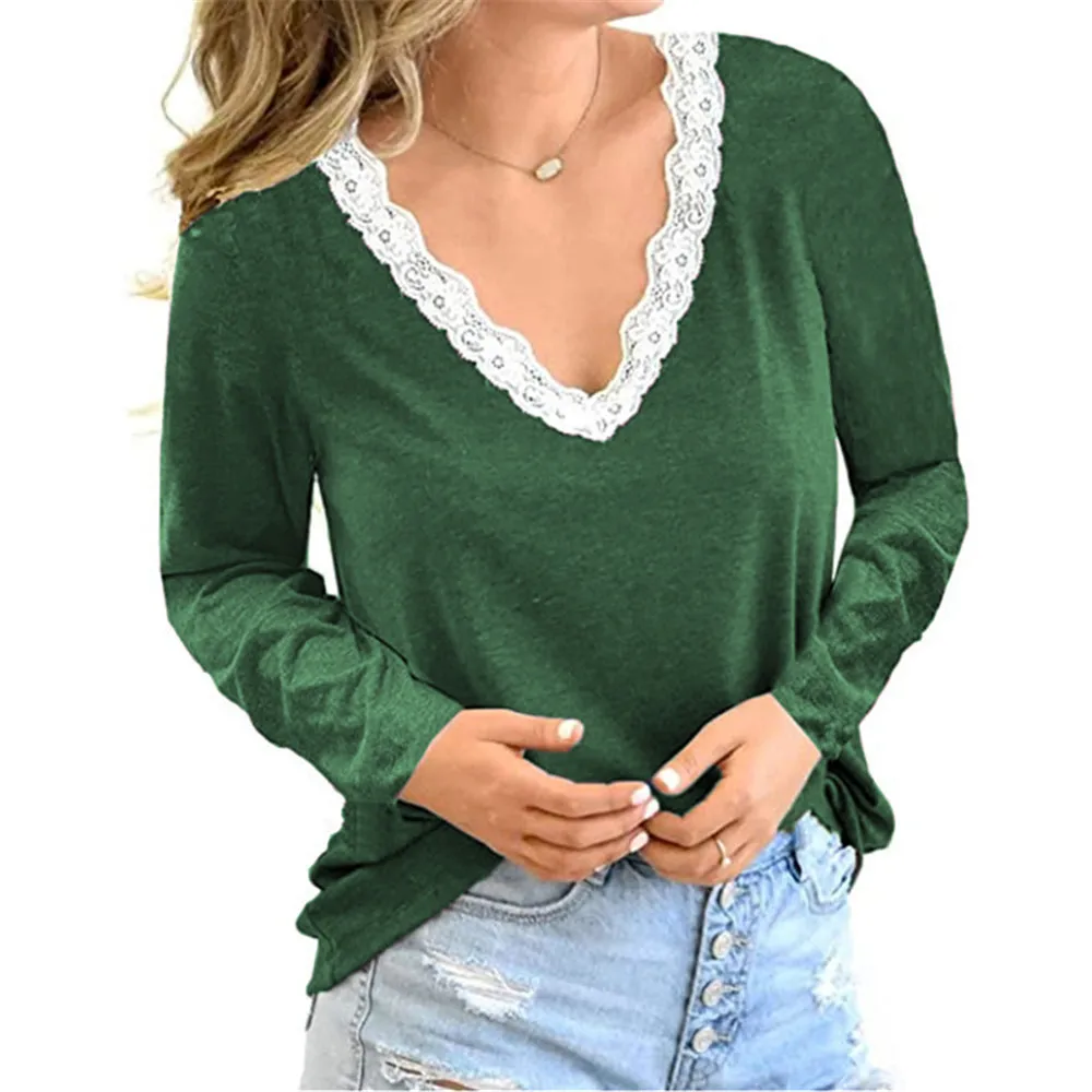 

Oversized Tshirts Women Loose V Neck Lace Patchwork Long Sleeve Tops Casual Solid Inside Clothes