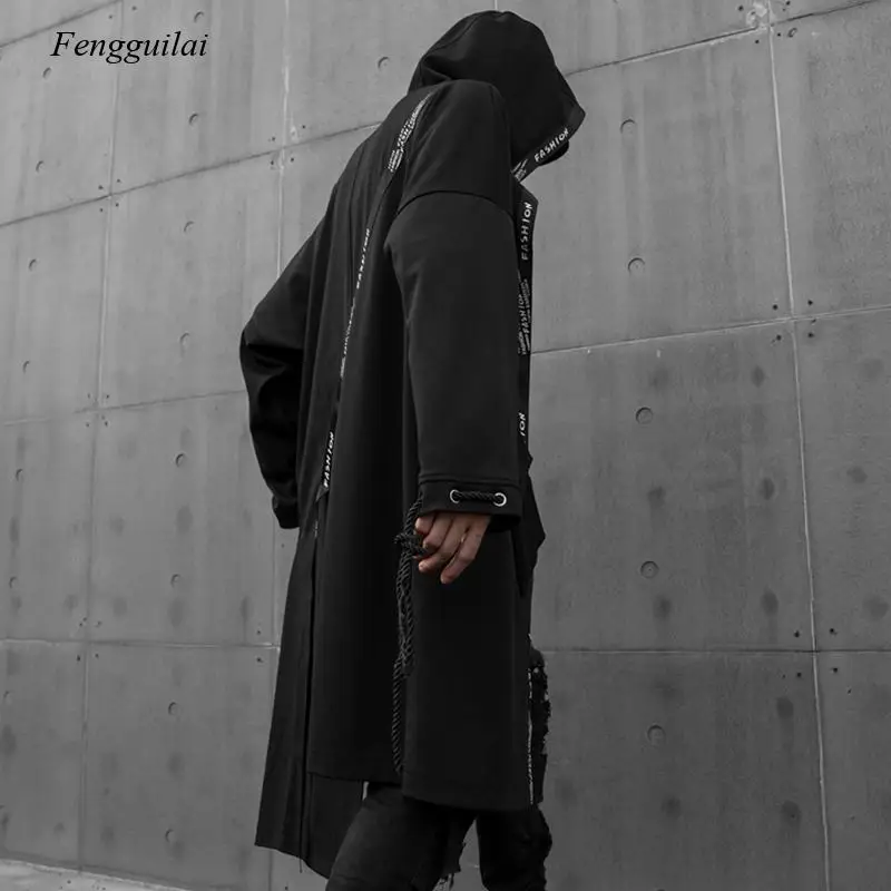 Autumn winter men asymmetric design ribbons patchwork hip hop punk rock trench coat male korean long cardigan vintage jackets | Мужская