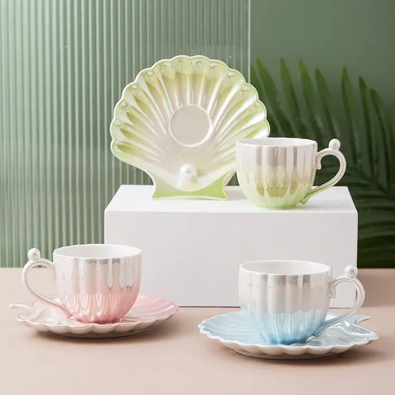 

Luxury Pearl Shell Coffee Set Gradually Colour Ceramic 250ml Tea Set Cup and Saucer
