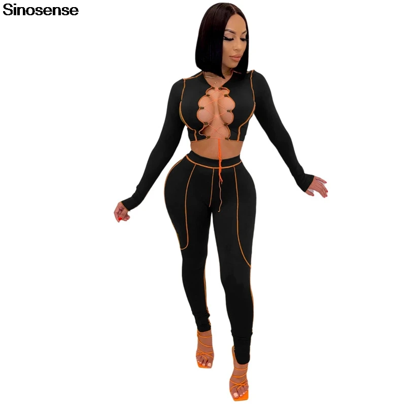 

Women Two Piece Outfits Sexy Lace Up Crop Top+Bodycon Pants Matching Sets Fashion Streetwear Hollow Out Sexy 2 Piece Club Attire