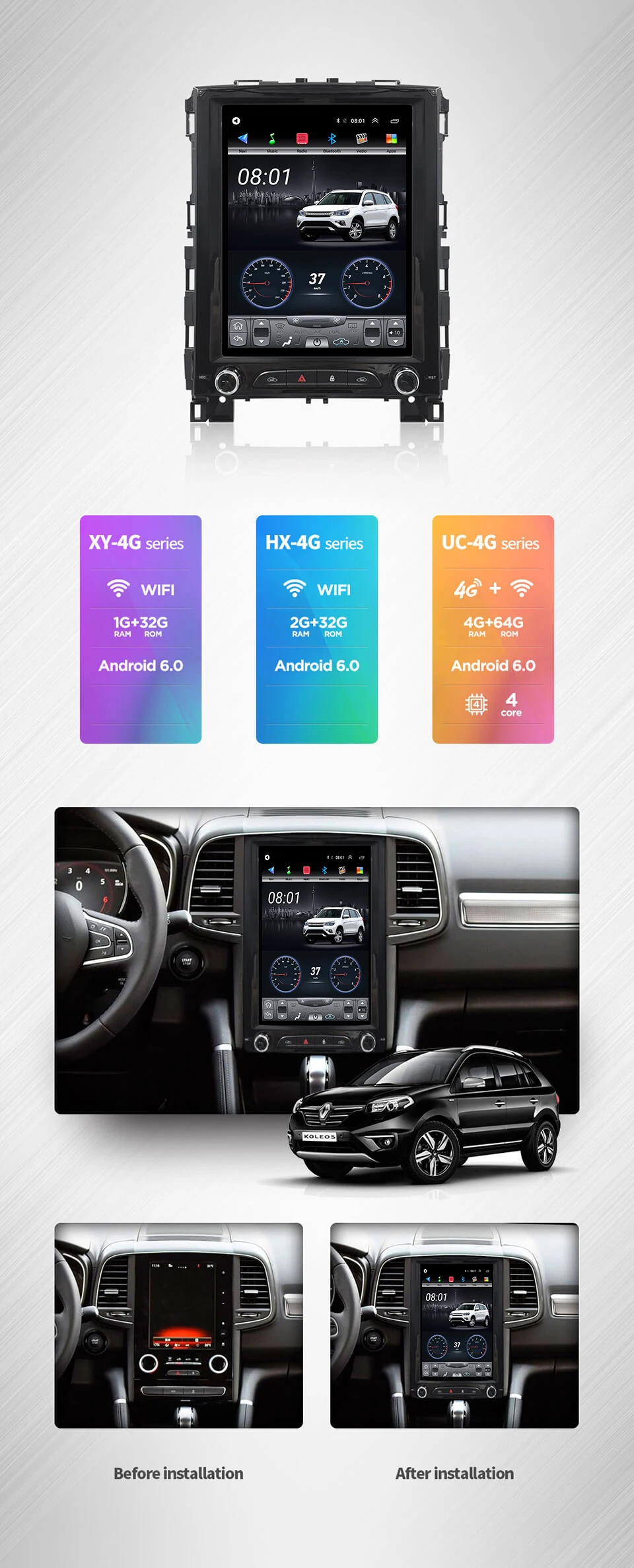64G rom вертикальный экран android автомобильный gps мультимедийный видео радио плеер в тире для Renault koleos Megane автомобильный навигатор