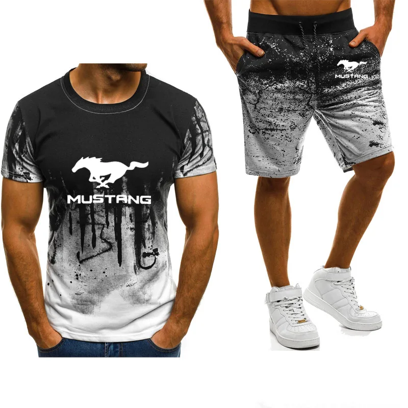 

Unisex New Summer Mens Short sleeve Mustang car Logo printing Gradient T-Shirt Cotton Men T-shirt+shorts suit 2pcs