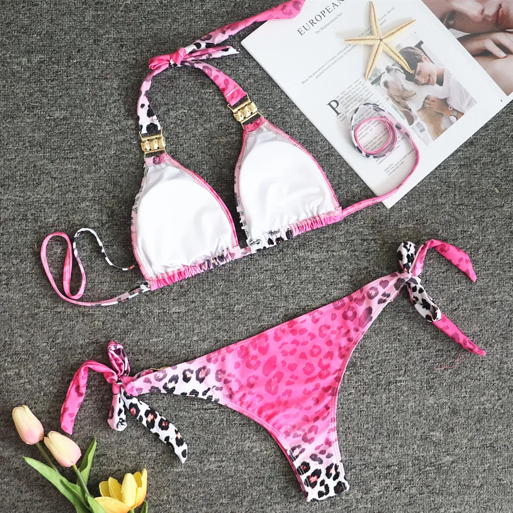 Pink Leopard Print Sexy Halter Bikini 2019 Women's Side Knot bandage Swimsuit New Diamond backless Push Up Suit | Женская одежда