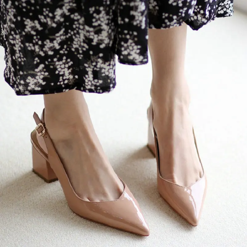 

ZawsThia 2021 Summer Natural Patent Leather Pointed Toe Chunky High Heels Slingback Retro Solid Beige Color Women Shoes Sandals