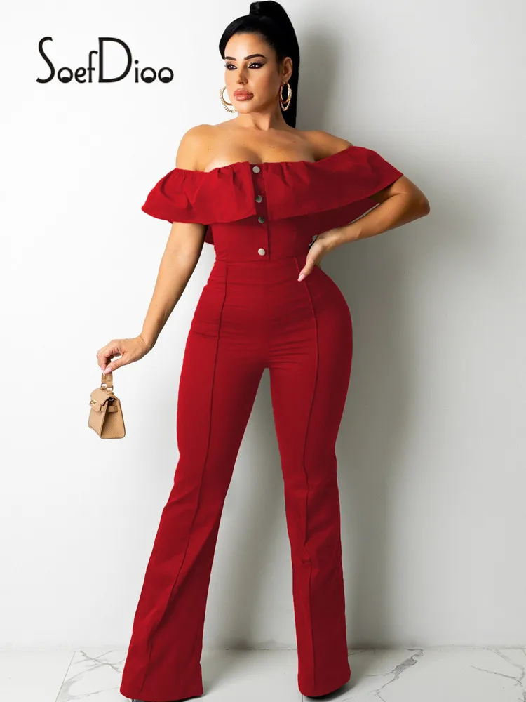 

Soefdioo Solid Strapless Ruffles Button Zipper Slim Jumpsuits Women Sexy One Piece Overalls Fall 2021 Fashion Streetwear Rompers