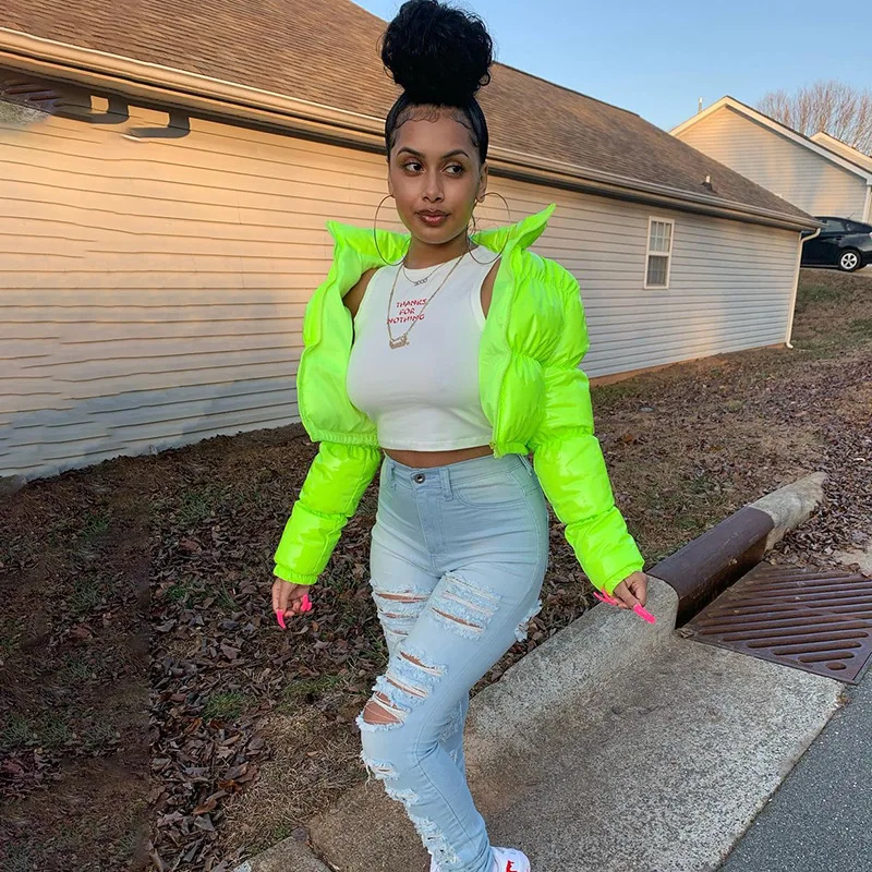 

Fashion Cute Women Bright PU Pink Puffer Jacket Winter Warm Bubble Coats Shiny Leather Parkas Down Zipper Cropped Jackets Parkas