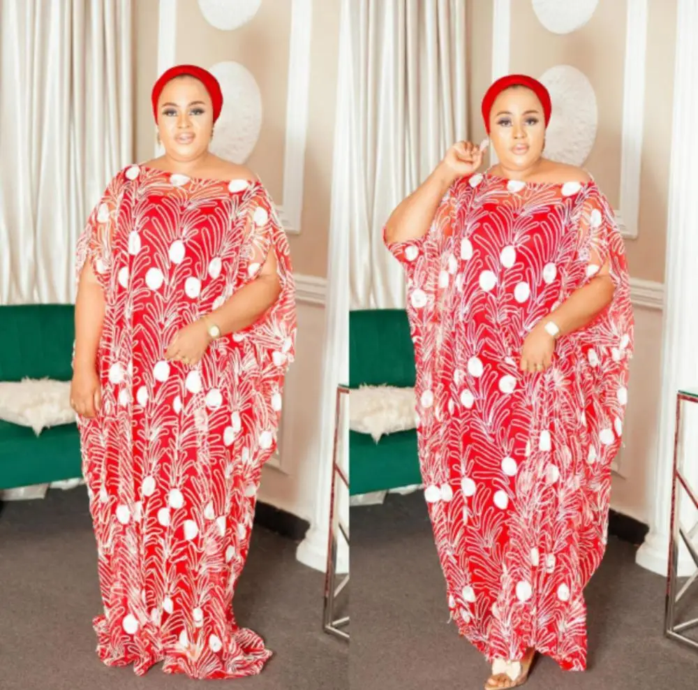 

2020 Classic New Style African Women's Dashiki Net Tulle Fabrics Lace Loose Skirt Long Dress Inside 2piece Free Size Length 150