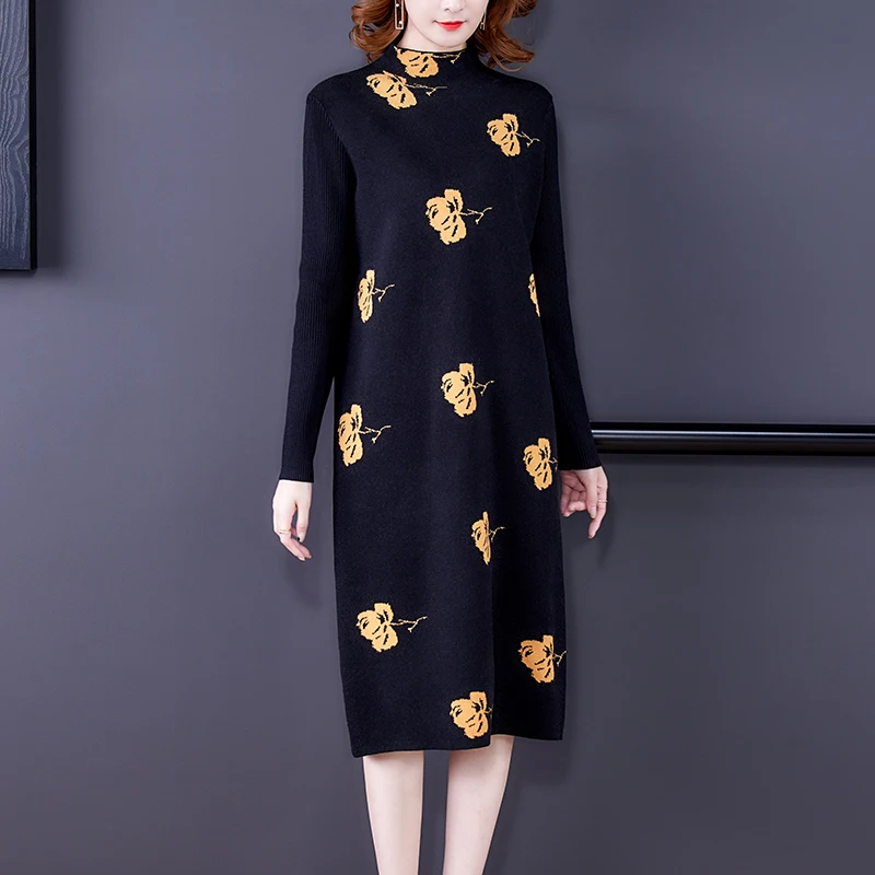 

2023 Black Knitted Cotton Floral Midi Sweater Dress Autumn Winter Korean Vintage Casual Sweaters Women Elegant Bodycon Sweaters