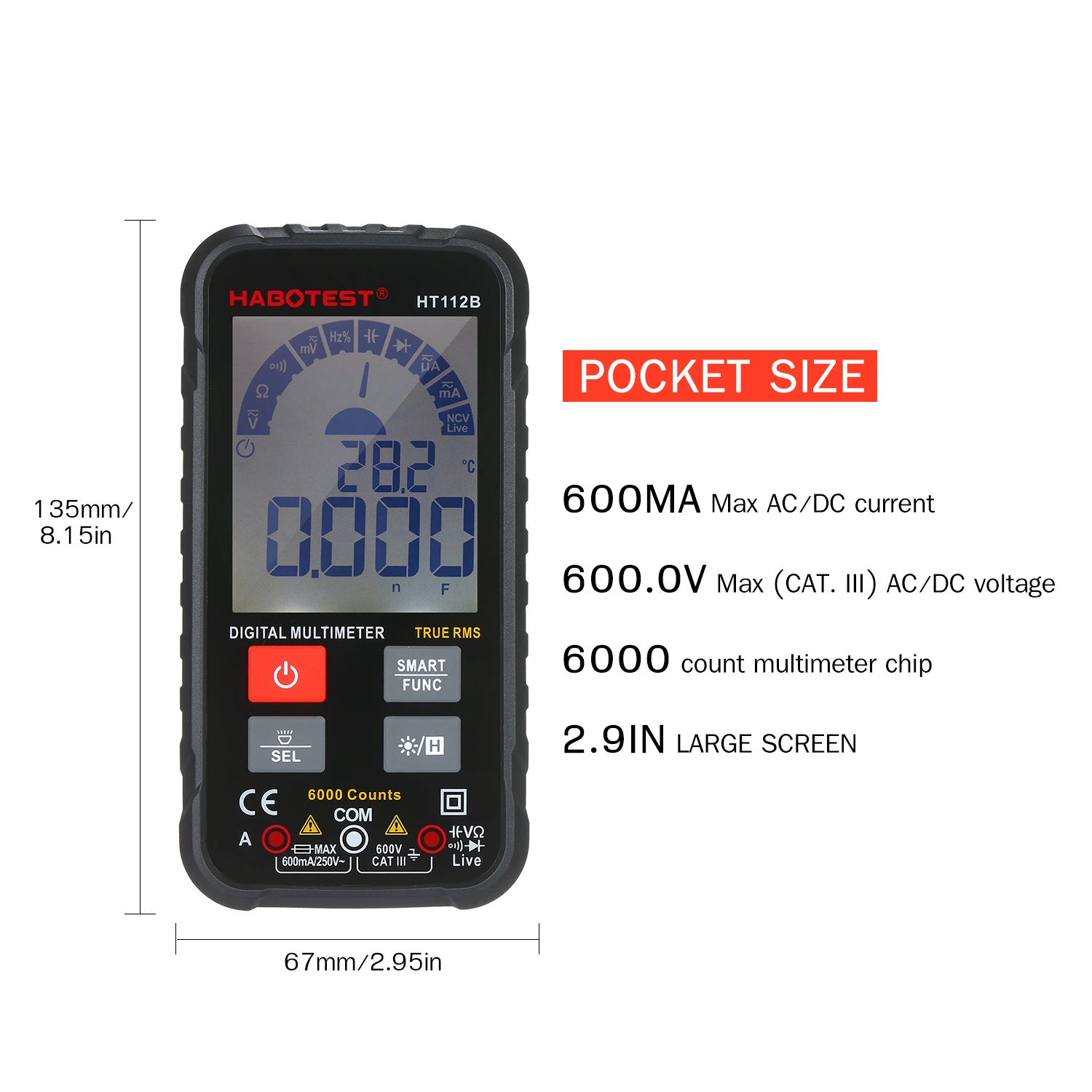 

Intelligent 6000 Counts TRMS Multimeter Digital LCD Display AC/DC Voltmeter Ammeter Ohmmeter Test Diode Frequency Continuity NCV