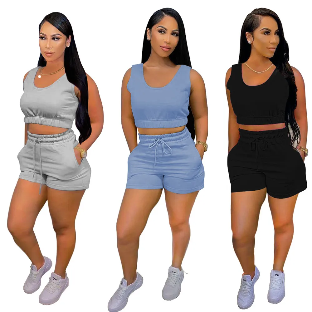 

Women's Summer Cute Solid Color Sleeveless Sports Two-Piece Suit
