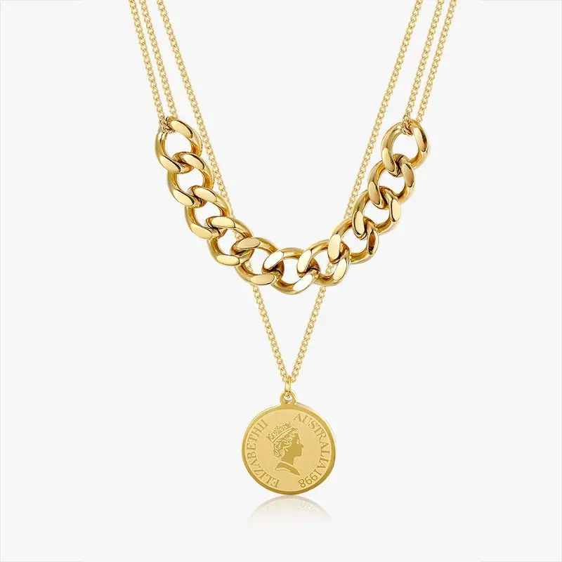 

2021Gold Color Stainless Steel Queen Portrait Elizabeth Coin Pendant Paired Chain Necklace Choker Women Hip hop Jewelry