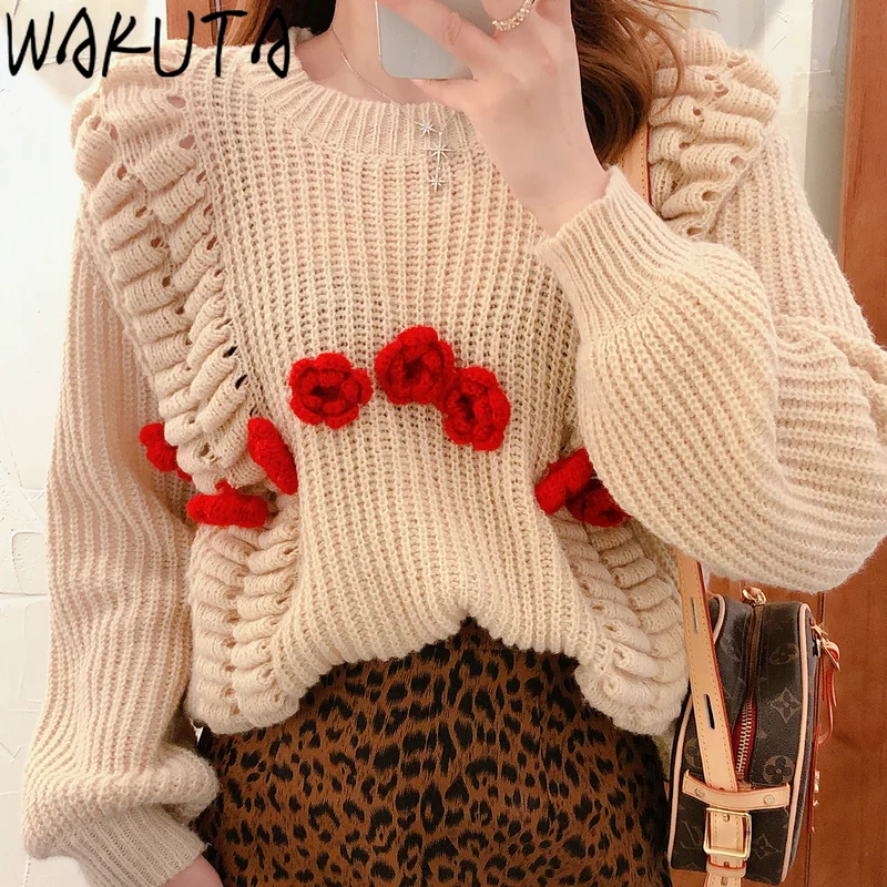 WAKUTA Floral Sweater 2021 New Japanese Fashion Elegant Sweet Design Knit Pullover Autumn Winter Girls Gentle Loose Jumper Daily | Женская