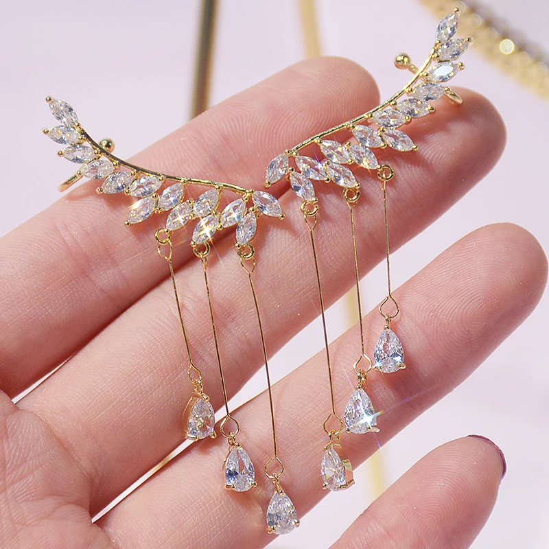 

2021 New Arrive Popular Design 14K Real Gold Tassel Wings Earrings for Women Charm Jewelry Zirconia Stud S925 Silver Needle Gift