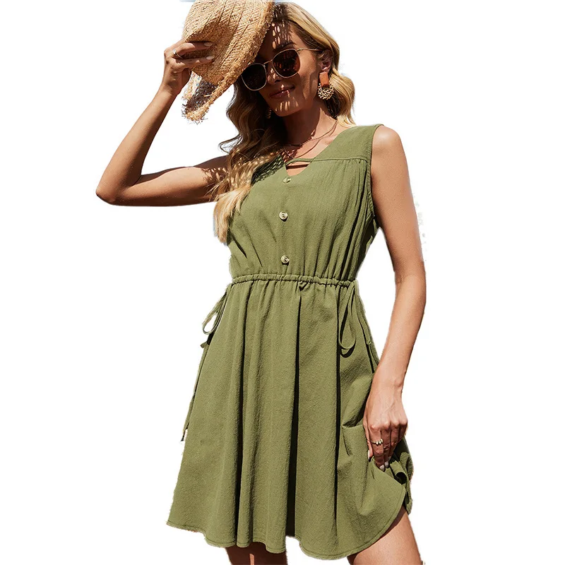 

Green Dress for Women 2021 Summer Solid Backless Vintage Midi Dresses Women Fashion Casual V-Neck Sleeveless Vestido De Mujer