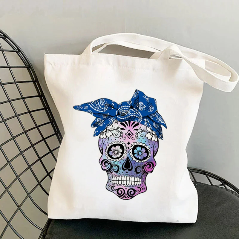 

Shopper Blue Bandana Sugar Skull Printed Tote Bag women Harajuku shopper handbag girl Shoulder shopping bag Lady Canvas Bag