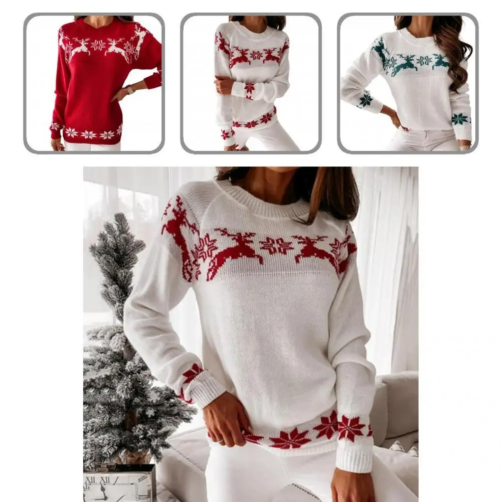 

All-Match Trendy Elk Snowflake Print Pullover Sweater Comfy Christmas Top Round Neck for Home