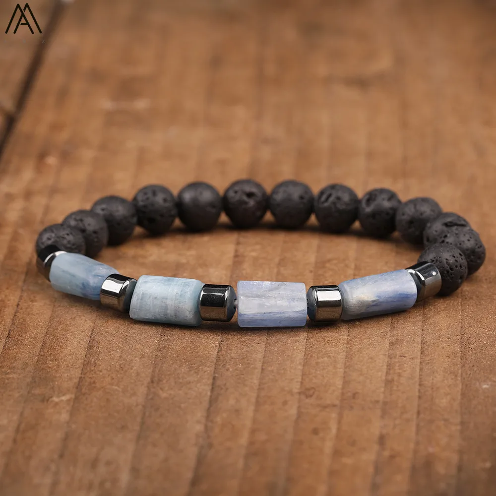 Натуральный Синий Кианит черная лава 8 мм бусины эластичный браслет женский