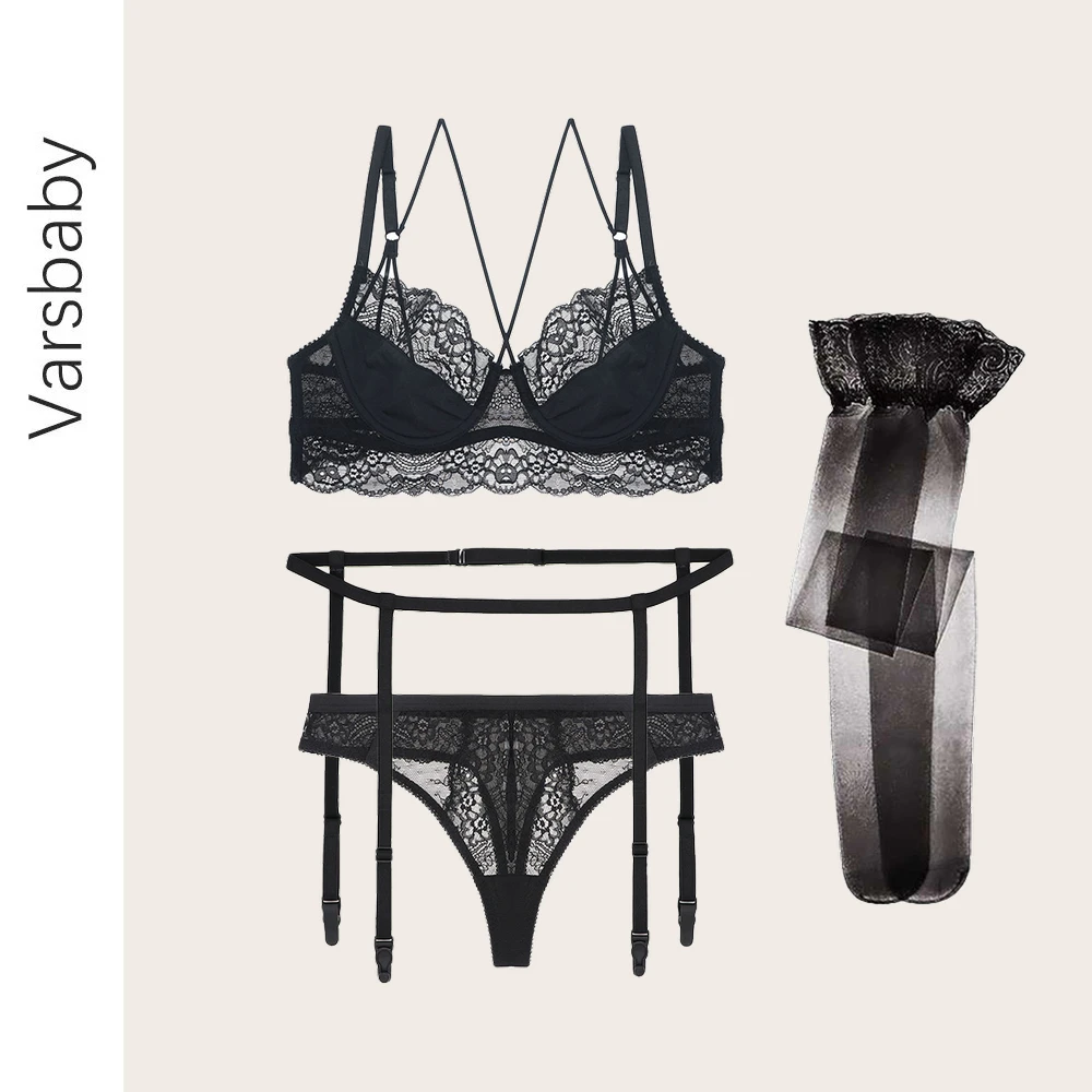 

Varsbaby lingerie set 4pcs sexy charming cross shoulder strap bra+garter+lace see through thong+stockings black red