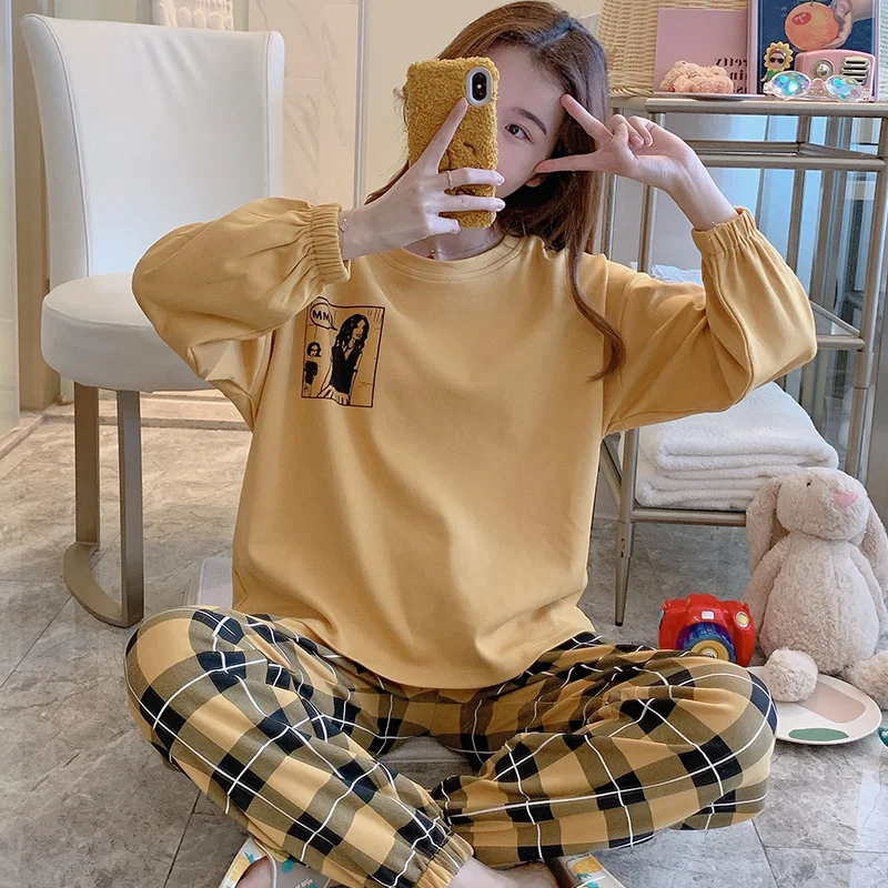

Хлопковая пижама в клетку с изображением персонажа, женский домашний костюм в Корейском стиле на весну и осень с длинными рукавами, свободн...