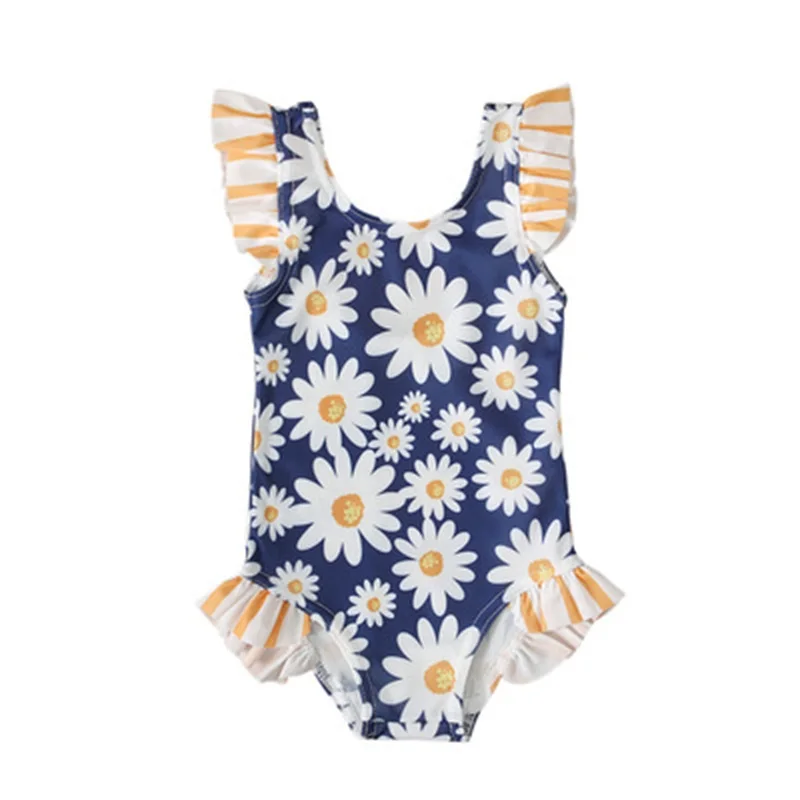

2021 new summer dress ins girls trendy fan sleeveless lace print backless fashion one-piece swimsuit children's wear