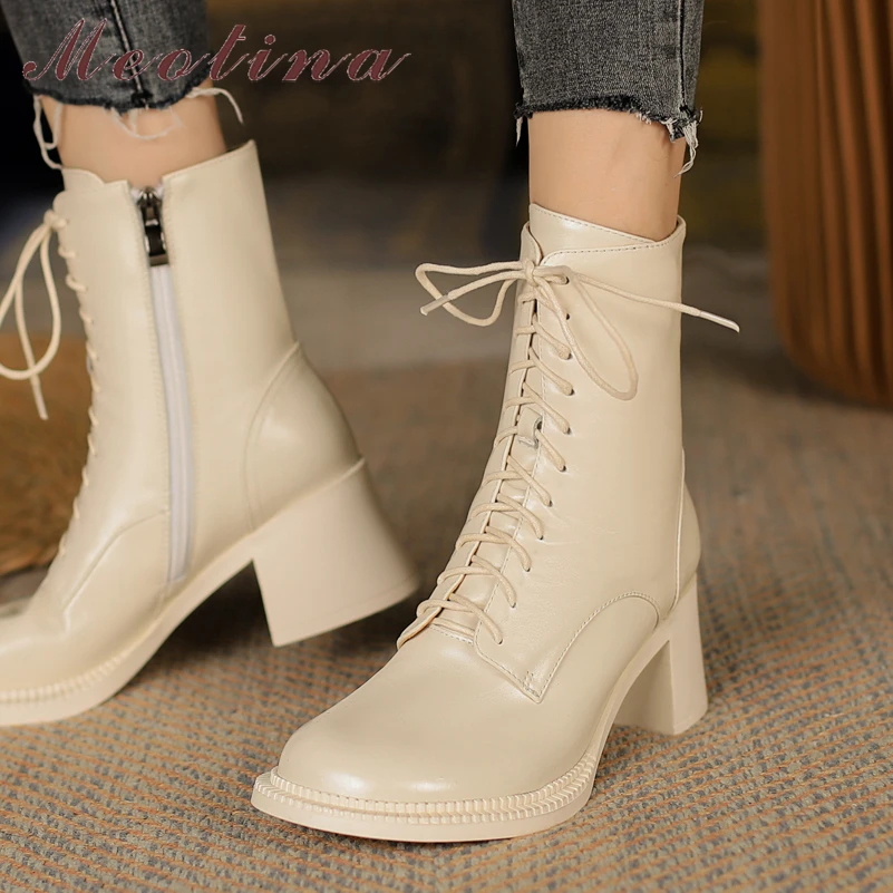 

Meotina Genuine Leather Motorcycle Boots Women Thick Heel Round Shoes High Heel Zipper Ladies Ankle Boots Autumn Winter Beige 41