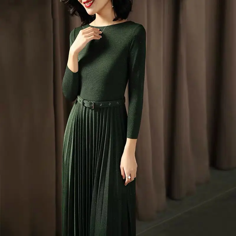 

Women 2021 Spring Autumn Elegant Long Sleeve OL O-neck Sweater Dress Female Knit Pleated Dresses Ladies Slim A-lineVestidos A660