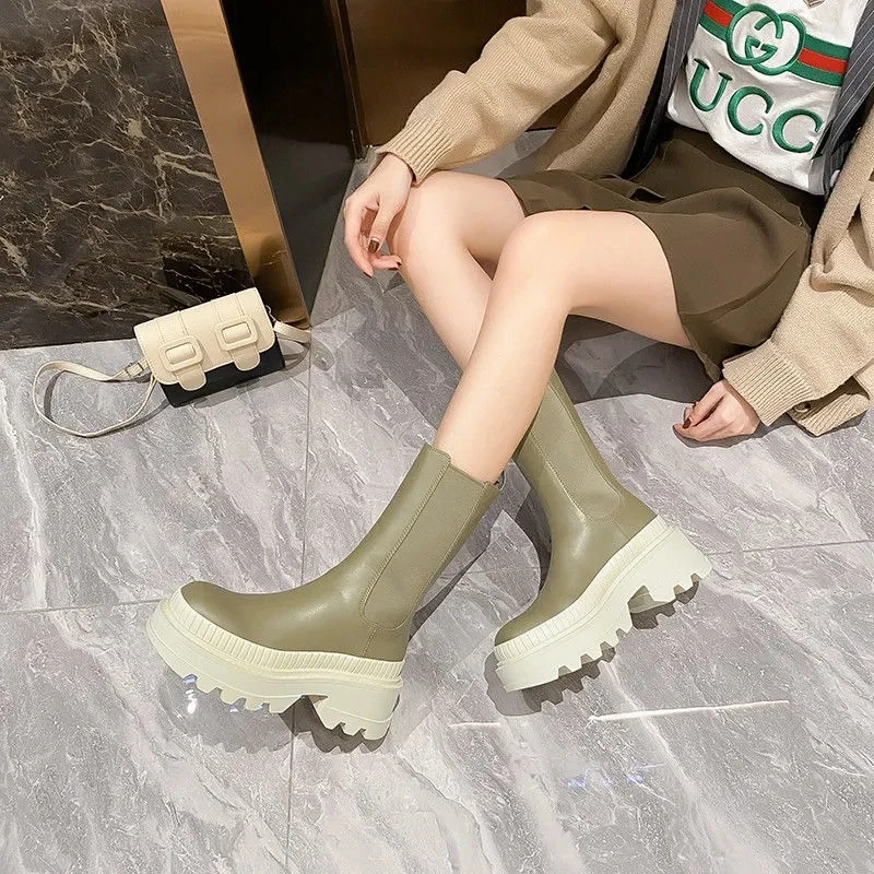 

Autumn and Winter 2021 Women's Mid-tube Boots Thick-soled Round Toe Chelsea Boots Square Heel Walking Boots Casual Women's Boots