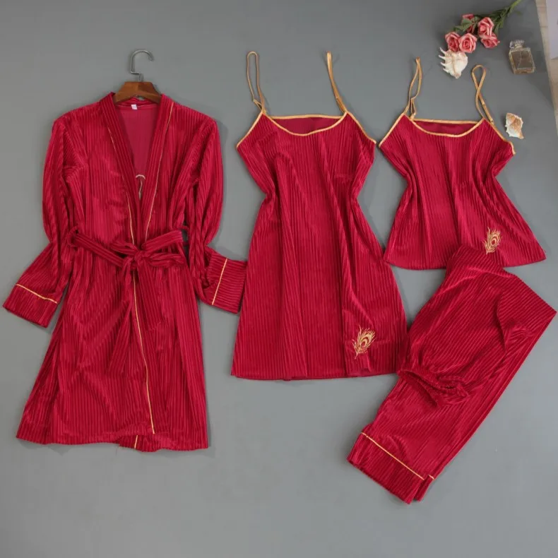 Бархатный женский пижамный комплект из 4 предметов кимоно с вышивкой рубашка